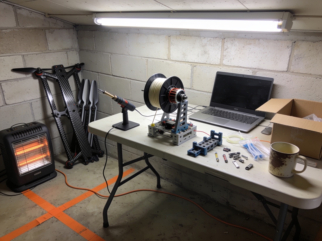 A folding table used as a workbench in a bare industrial unit, with drone parts, a laptop and a space heater