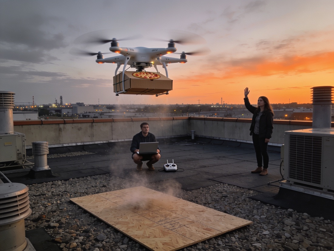 A drone carrying a pizza box lifting off from a sheet of plywood on a commercial rooftop at dusk