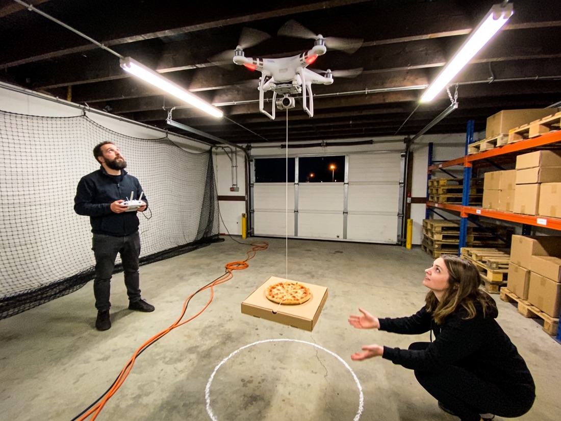 A drone hovering indoors under fluorescent lights, lowering a box on a line toward a marked spot on a concrete floor