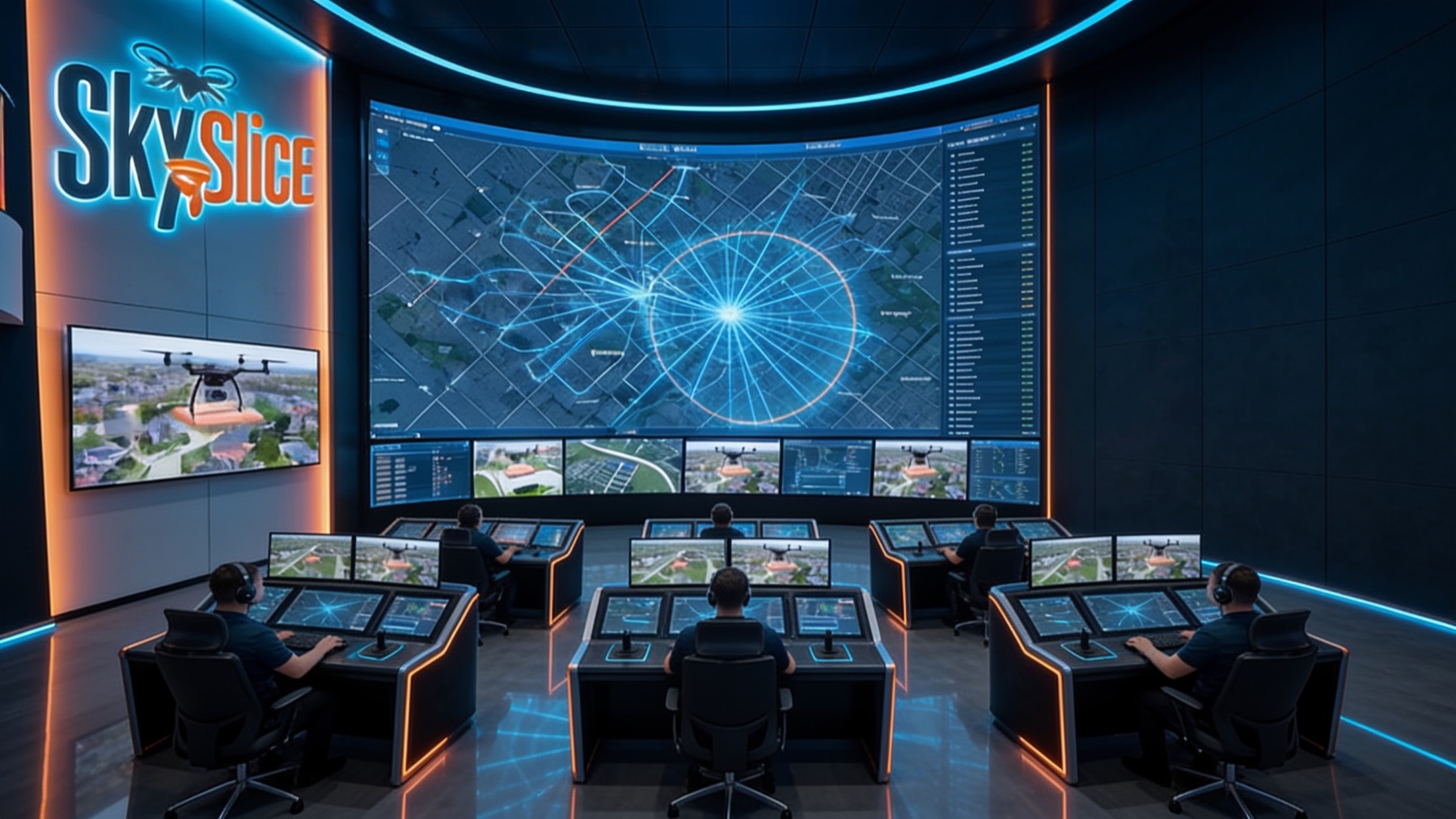 The SkySlice flight operations floor: pilots at consoles in front of a wall-sized airspace map