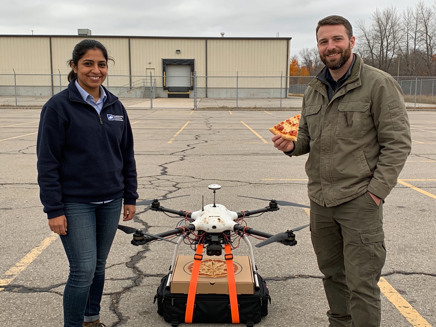 Two engineers standing in an industrial parking lot beside a survey drone with a pizza box strapped to it
