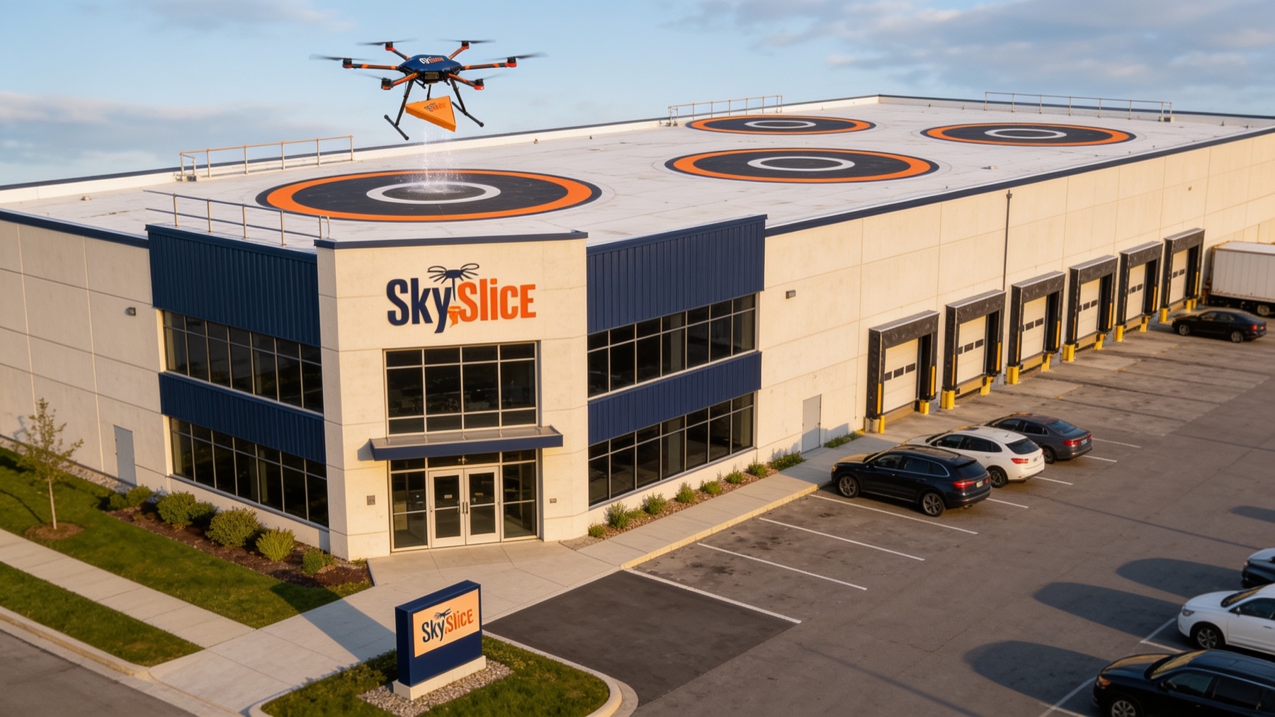 A low-rise SkySlice facility in a business park with rooftop drone launch pads