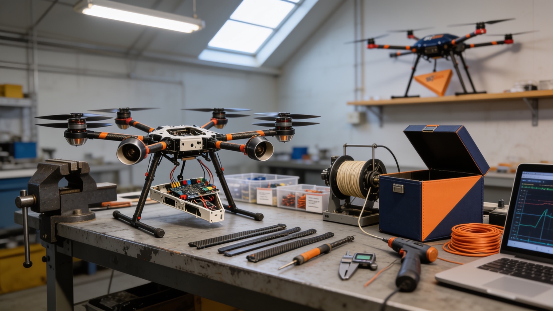 Workshop bench with two hexacopters partially disassembled, propellers and carbon fibre arms laid out, and a half-built winch mechanism in a vise