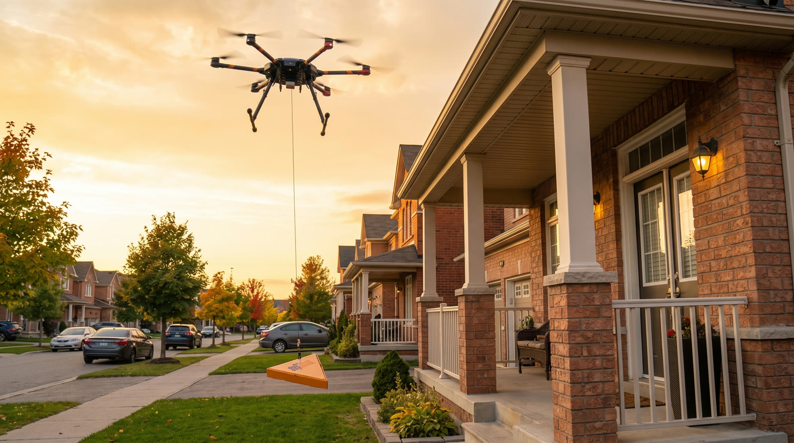 SkySlice drone lowering a slice box onto a doorstep