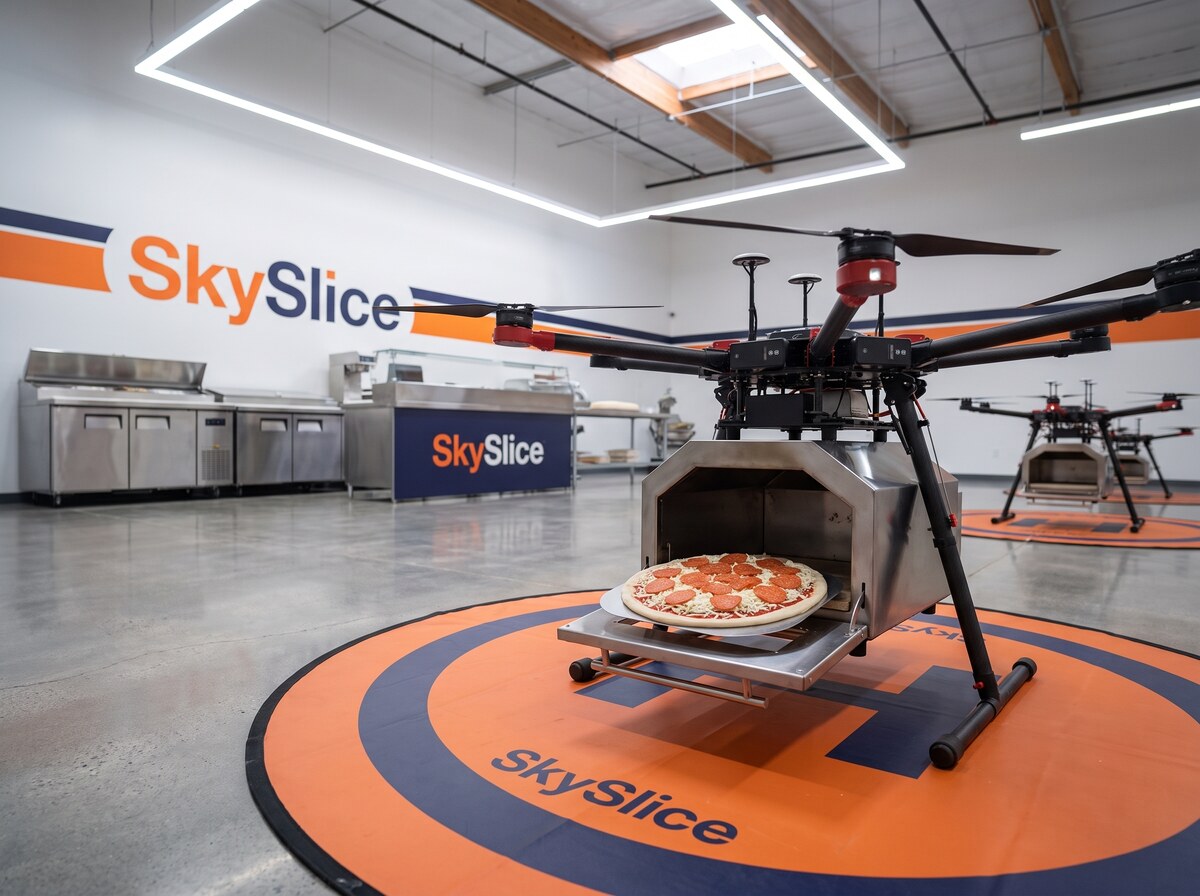 Raw pizza loaded on the stone deck of a SkySlice oven drone inside the indoor launch bay