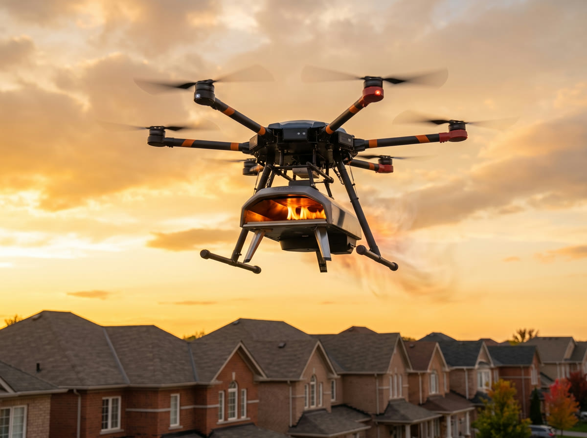 SkySlice oven drone in flight above rooftops, oven glowing