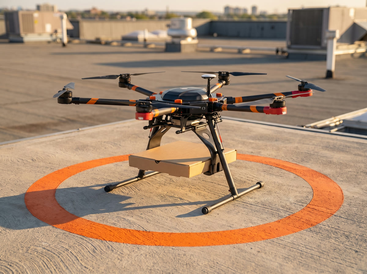 SkySlice drone on the launch pad with a pizza box being clamped into its cradle