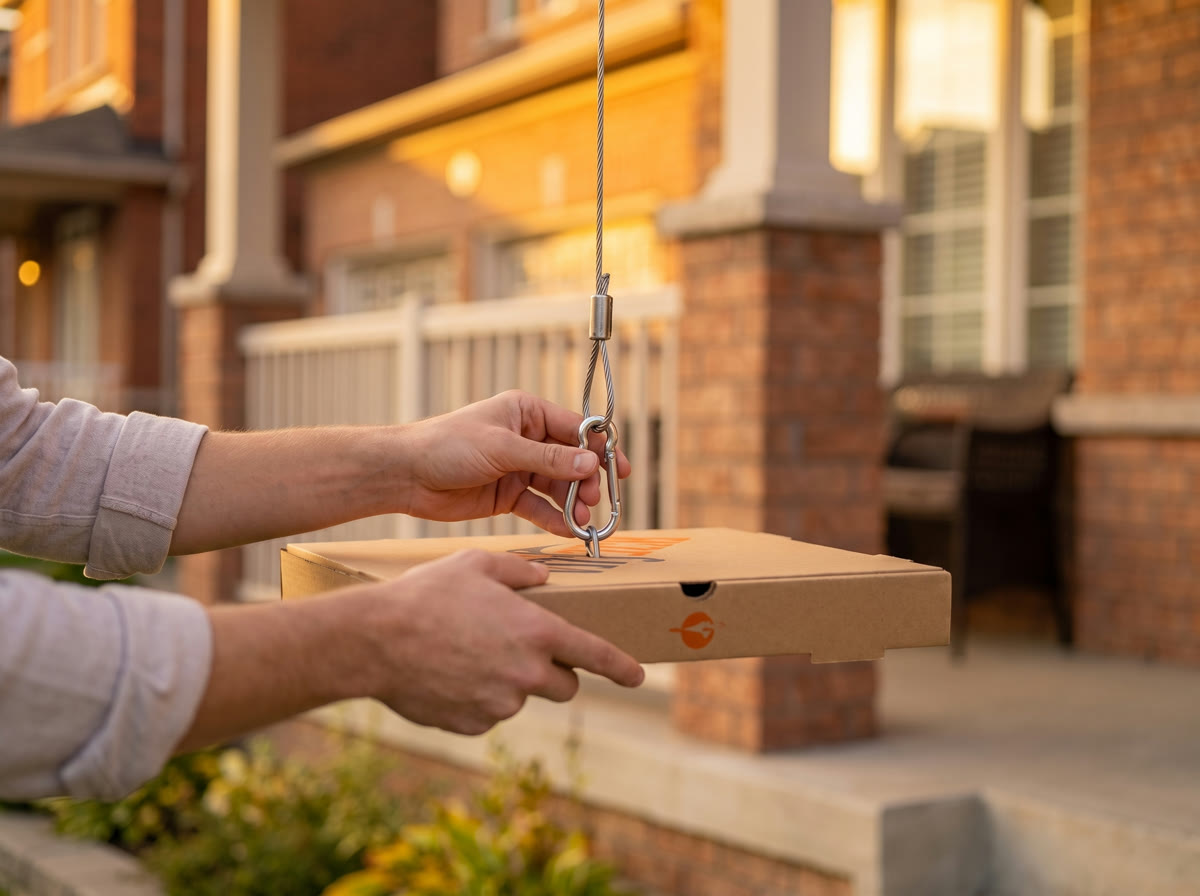 Hands unhooking a pizza box from the drone's winch cable on a porch