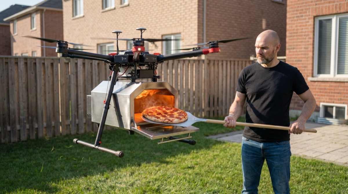 SkySlice drone with onboard pizza oven, flames visible