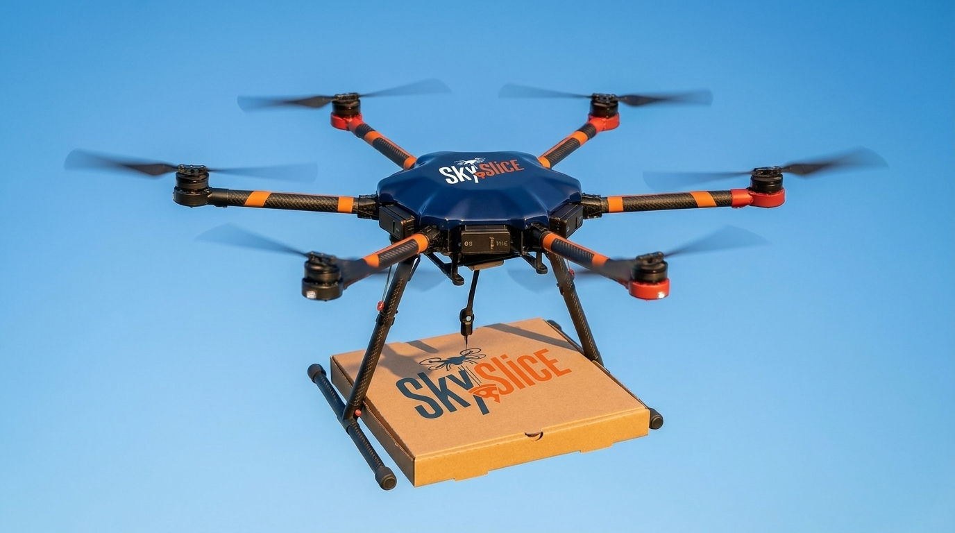 SkySlice drone carrying a whole pizza box