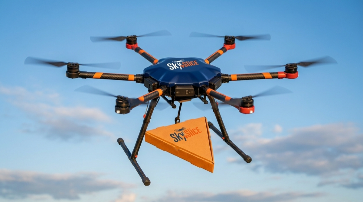 SkySlice drone carrying a single-slice box